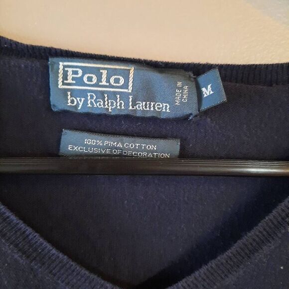 Polo Ralph Lauren Pima Cotton V Neck Blue Sweater Red Pony - Picture 3 of 4